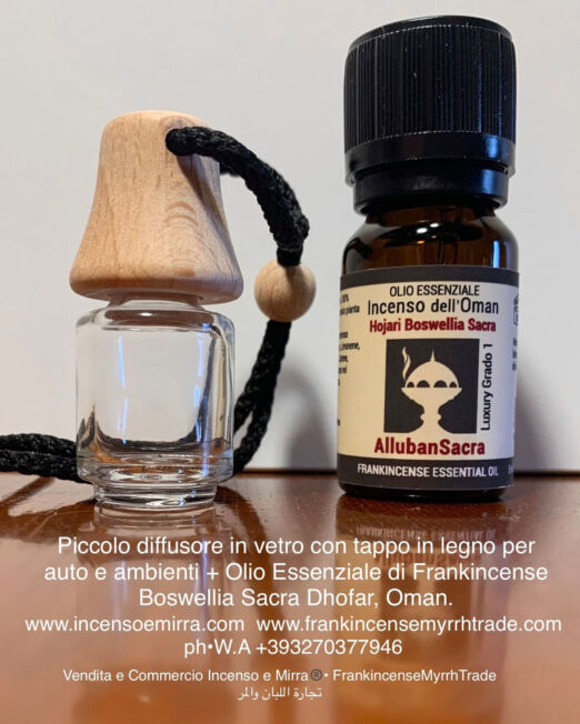Piccolo Diffusore in Vetro e Olio Essenziale di Frankincenso Boswellia Sacra dell'Oman, marca AllubanSacra, made in Italy.