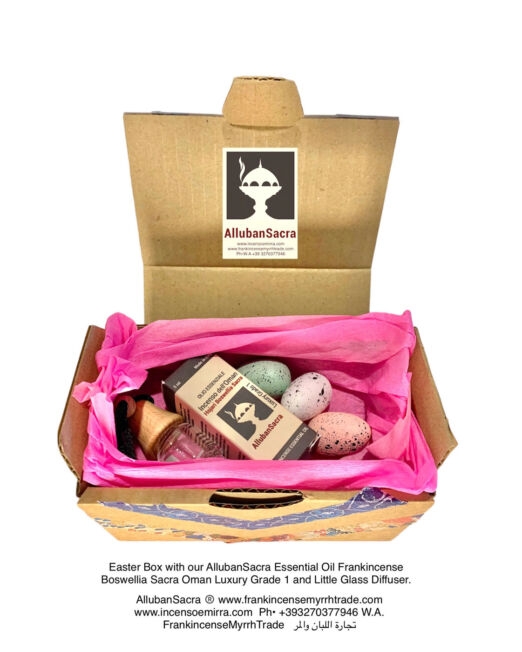 Box scatola Confezione di Pasqua con AllubanSacra Olio Essenziale Frankincenso (Incenso) Boswellia Sacra Dhofar Oman e Piccolo Diffusore in Vetro con tappo in Faggio.